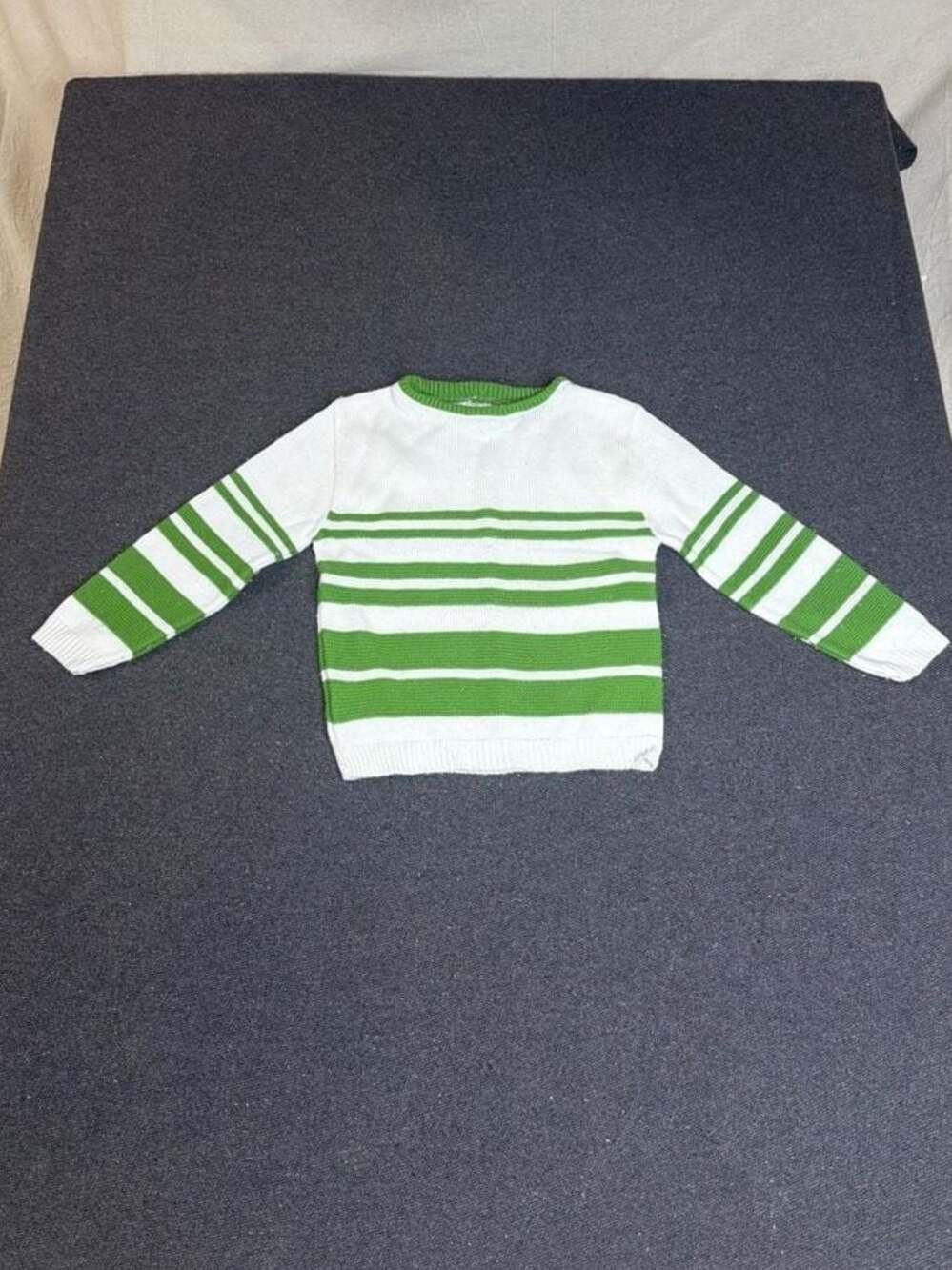 Vintage Playmore Knits White and Green Striped Acrylic Sweater Child Size